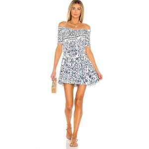 Poupette St Barth‎ Soledad Dress Large Blue Floral Smocked Ruffle Mini Resort